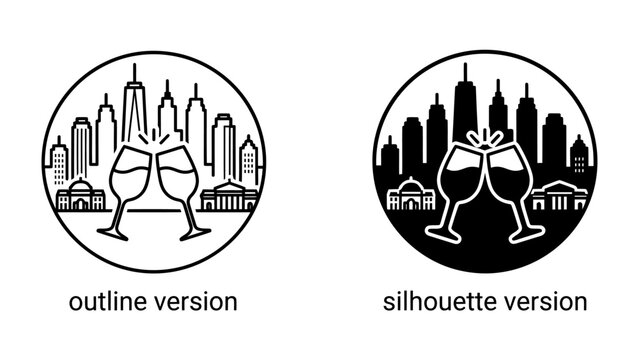 City Skyline Toast: Two glasses clink in a toast against a backdrop of iconic city skyscrapers, symbolizing celebration and urban life.