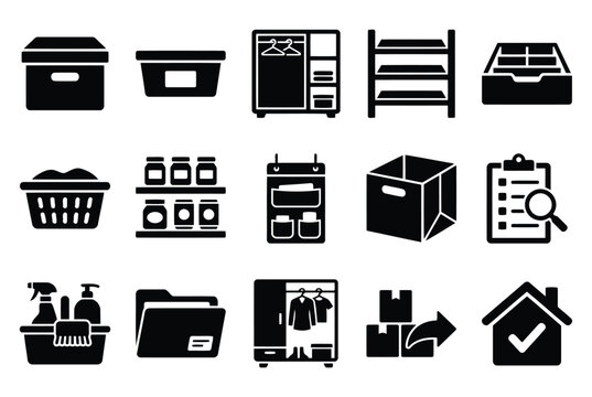 Set of storage and organization icons, including boxes, shelves, closets, cleaning supplies, and inventory management symbols