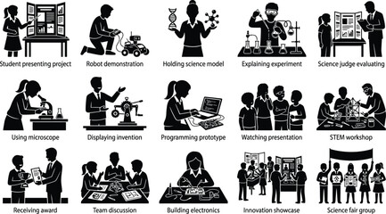 Fototapeta premium Black and white silhouette set of stem students science fair robotics and educational concepts