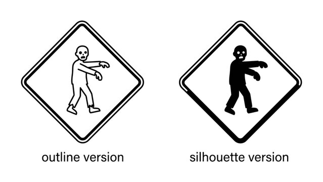 Zombie Warning Signs: Two diamond-shaped warning signs, one with an outline of a zombie and the other a black silhouette, cautioning about the undead.