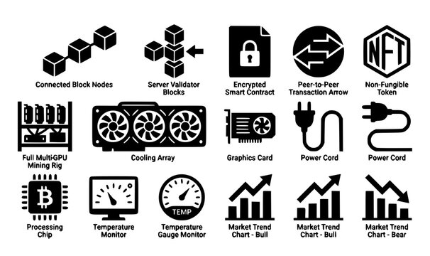 Minimalist solid black crypto mining rig icon vector collection for cryptocurrency hardware and technology dashboards