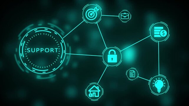 Futuristic Digital Support Network Animation Featuring Cybersecurity, Business Strategy, Data Protection, Innovation, Financial Technology, Connected Systems, Smart Solutions
