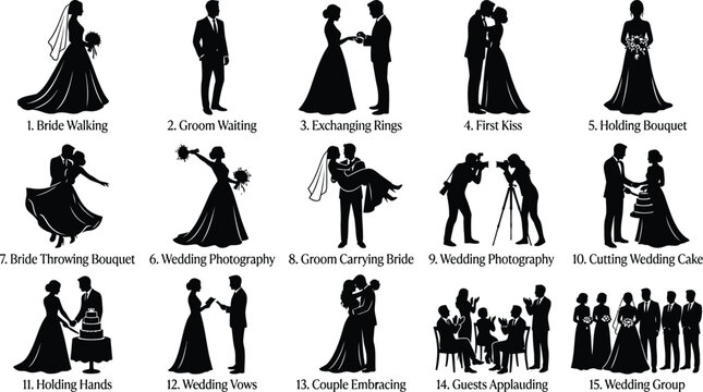 Black and white silhouette set of wedding moments bride groom guests and ceremony