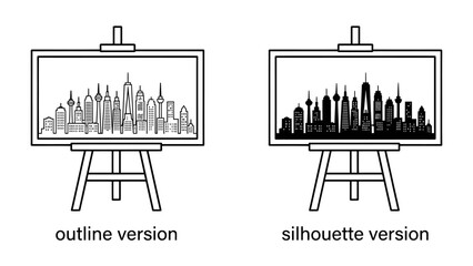 Two Skyline Canvases: An easel displays two framed depictions of a cityscape - one an intricate outline and the other a striking black silhouette. © sohag