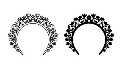 Floral Tiara Set: Two intricate, decorative tiaras adorned with delicate floral patterns, presented in both outline and solid black designs, symbolizing elegance and royalty. © Md