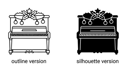 Christmas Piano Illustration: A festive upright piano adorned with holly, berries, and hanging baubles, presented in both outline and silhouette versions for versatile design applications. © harun