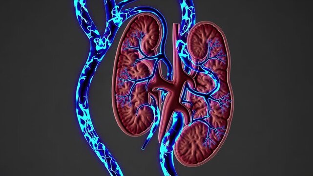 Anatomical illustration of human kidneys with detailed vascular system, showcasing blood vessels in blue and red colors against a dark background