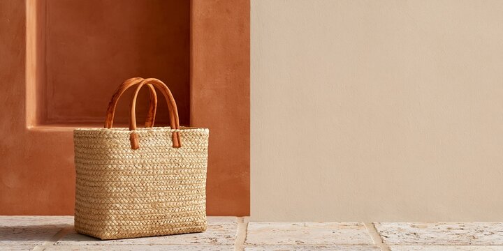 Woven straw bag on textured floor