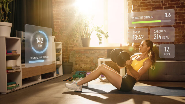 Woman performing weighted abdominal exercise with smart fitness tracking. Concept of connected workout, digital health monitoring, exercise analytics, personal coaching and home fitness.