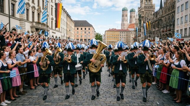 Bavarian brass band marching down historical city avenue street during traditional cultural parade event