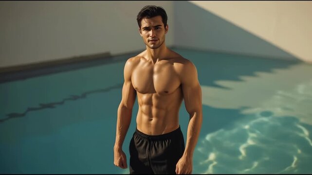 Muscular male shirtless pool sunlit tanned athletic man with defined abs confident expression