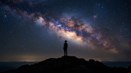 Fototapeta premium Inspiring Silhouette of Adventurer on Mountain Summit Under the Breathtaking Milky Way Starry Night Sky