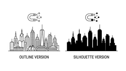 Fototapeta premium Cityscape Options: A visual comparison showcasing an outline and silhouette version of a cityscape, alongside a graphic representation of a magnet attracting particles.