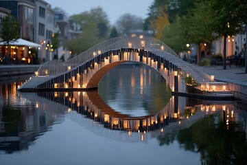 Fototapeta premium Serene evening scene Illuminated bridge reflection over canal in historic European town.