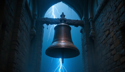 Fototapeta premium Massive iron bell inside an ancient stone archway during a thunderstorm