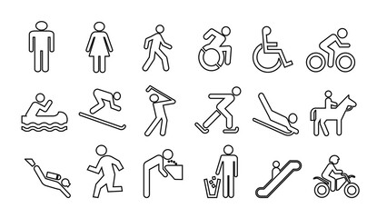 Fototapeta premium Universal set of thin line human activity, sports, and public information icons on a white background