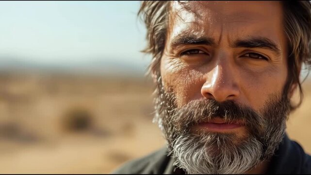 Rugged bearded man portrait close up desert sunlight, contemplative middle aged beard portrait