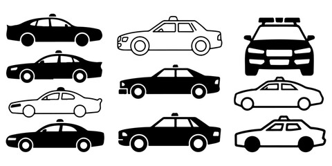 Front view police and emergency vehicle silhouette icon set featuring patrol cars with rooftop warning lights in minimalist © MSTROUJATOUS