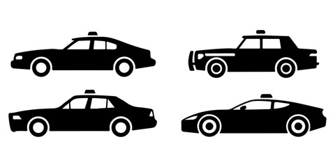 Front view police and emergency vehicle silhouette icon set featuring patrol cars with rooftop warning lights in minimalist © MSTROUJATOUS