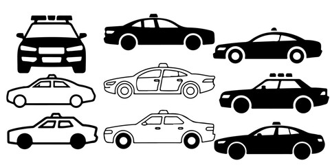 Front view police and emergency vehicle silhouette icon set featuring patrol cars with rooftop warning lights in minimalist © MSTROUJATOUS