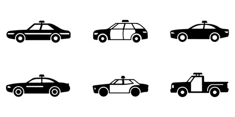 Front view police and emergency vehicle silhouette icon set featuring patrol cars with rooftop warning lights in minimalist © MSTROUJATOUS