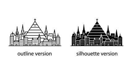 Obraz premium City Skyline Icons: Two distinct city skyline icons, one in outline and the other in silhouette, showcasing a pyramid structure flanked by various architectural styles.