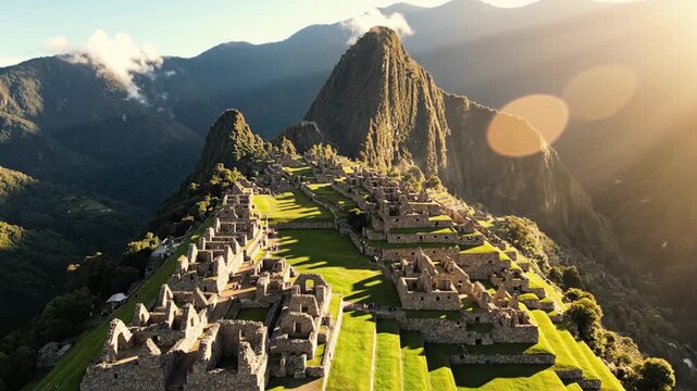 Majestic Machu Picchu Inca Citadel Aerial View Sunrise Sunbeams