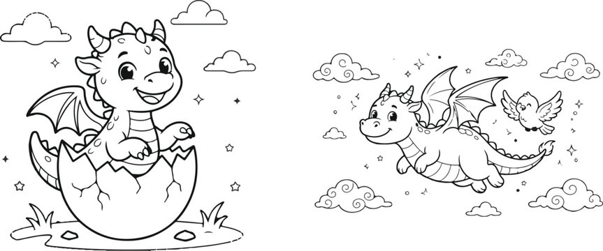 Cute baby dragon coloring page set for kids featuring a dragon hatching from an egg and a dragon flying in the clouds with a bird