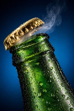 Close-up of a green glass bottle with water droplets and steam escaping under a golden cap against a deep blue backdrop. Refreshing and vibrant atmosphere.
