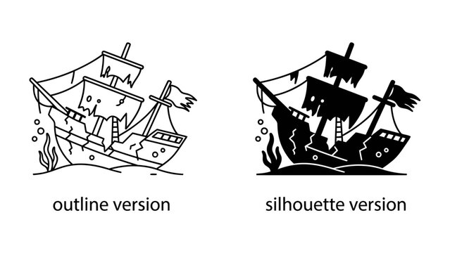 Shipwrecked Vessels: Two distinct illustrations of a classic sailing ship, one as a clean outline and the other as a solid silhouette, resting on the seabed surrounded by underwater elements.