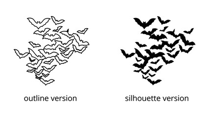 Fototapeta premium A Swarm of Bats: Two graphic illustrations of a swarm of bats, one in outline and the other in silhouette, conveying a sense of movement and mystery.