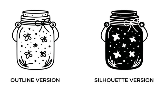 Jar of Fireflies: Two charming mason jar illustrations, one outlined and one silhouetted, both filled with whimsical fireflies and floral elements, perfect for creative projects.