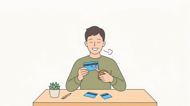 A man cutting up credit cards at a table to stop overspending and manage debt.
