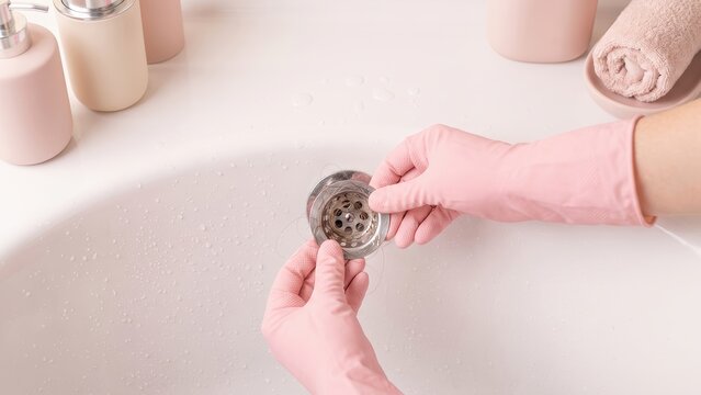 Hands in pink glove cleaning hair clogged drain strainer in white bathroom sink closeup