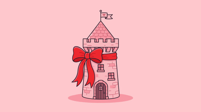 Pink fairy tale castle tower with red ribbon bow.
