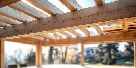 Obraz premium Unfinished timber frame wooden pavilion construction framework for outdoor living space development