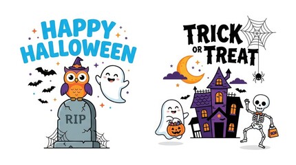 Fototapeta premium Festive halloween illustrations spooky characters and holiday greetings for seasonal designs