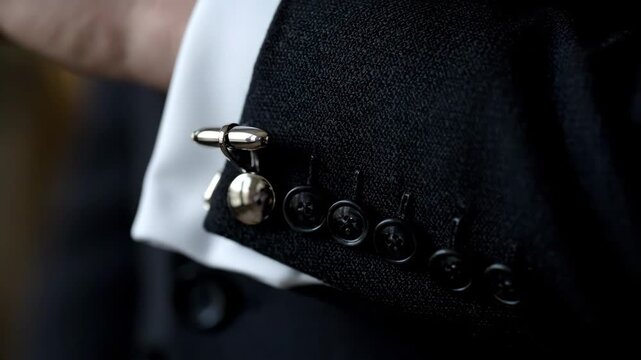 Close-up of a man's elegant suit sleeve with a shiny silver cufflink and buttons