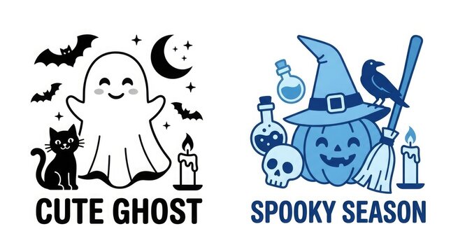 Charming halloween emblems ghost pumpkin and witch with spooky season elements