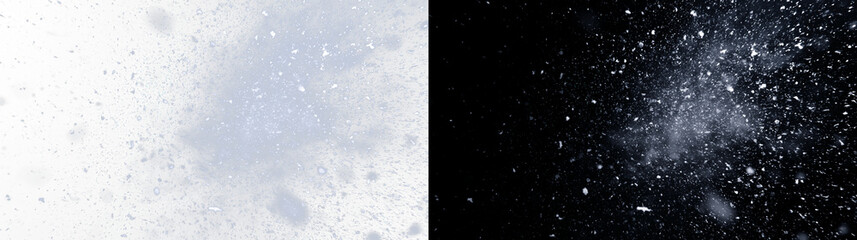 Fototapeta premium Falling snow particles and blizzard effect, soft winter atmosphere with swirling snowflakes on white background. Abstract weather texture for holiday design, seasonal overlay, and