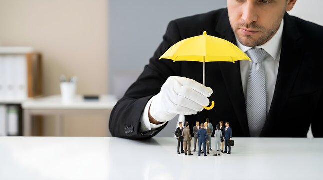 Professional businessman in a suit holding a small yellow umbrella over a group of tiny diverse corporate office workers figurines