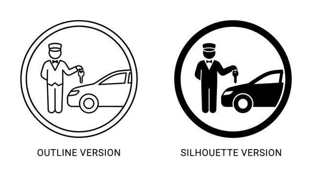 Valet Parking Icons: A set of professional valet parking icons, presented in both outline and silhouette versions, showcasing a valet attendant holding car keys next to a parked automobile.