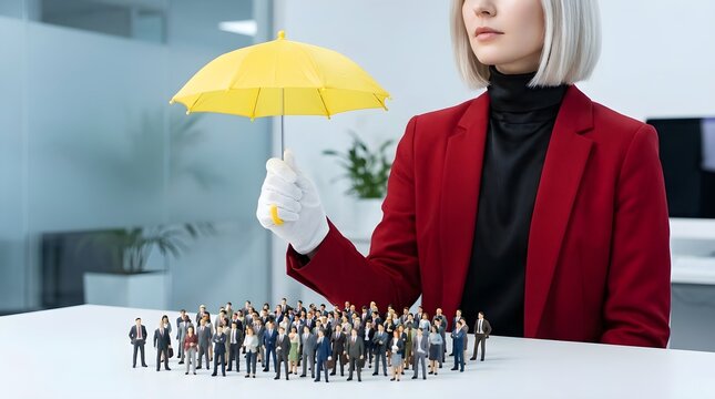 Professional woman in a red blazer holds a small yellow umbrella over a crowd of tiny miniature business people figures
