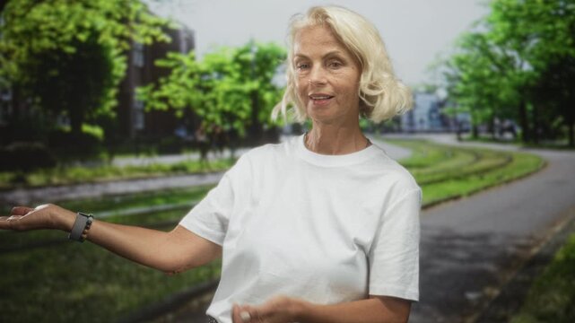 Woman presenting open palm and pointing with wristwatch along a curved tramway on a street lined with trees and buildings; friendly guidance.