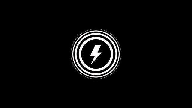 Charging icon with lightning bolt animation on black background. Lightning bolt icon with circle pulsing loop animation. Electricity symbol lightning bolt icon energy sign