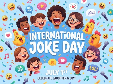 Colorful illustration of happy people laughing and celebrating international joke day with emojis and microphones