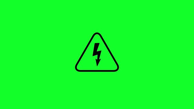 High voltage warning sign animation with lightning bolt on green background. Triangle warning alert icon ideal for electrical safety articles, technology themed designs and futuristic digital concepts