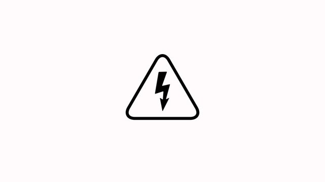 High voltage warning sign animation with lightning bolt on white background. Triangle warning alert icon ideal for electrical safety articles, technology themed designs and futuristic digital concepts