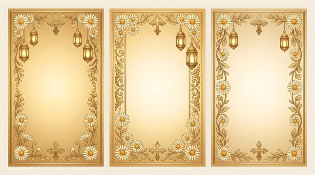 Golden ornate frames with daisies, hanging lanterns, and crosses for greeting cards