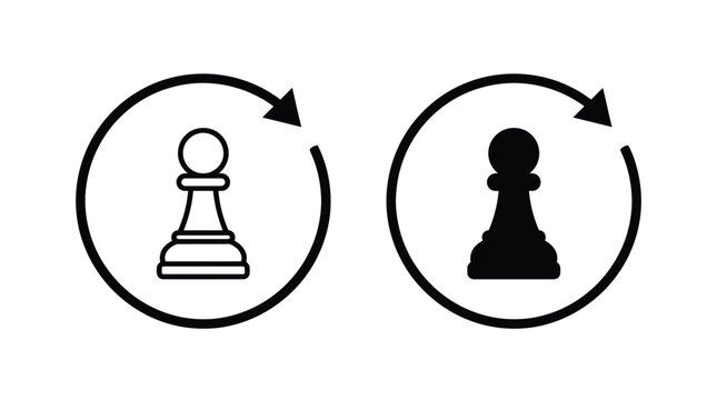 Minimalist chess pawn icons featuring a clean outline style and a solid black silhouette shape within circular loading arrows for strategic game design concept art